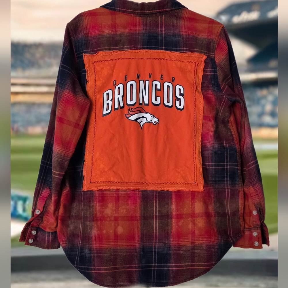 Upcycled DENVER BRONCOS distressed Plaid Flannel